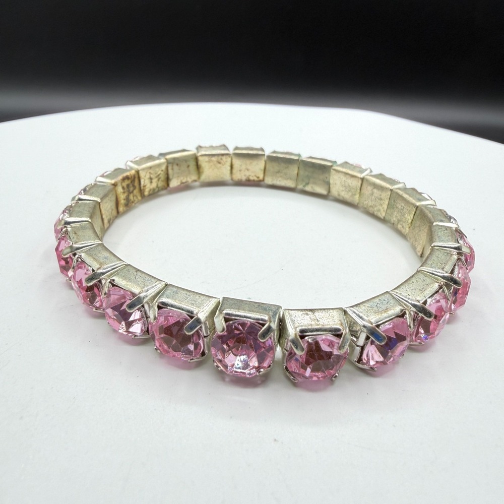 Pink Rhinestone Stretch Bracelet Silver Tone Crystal Statement Y2K Coquette Gift